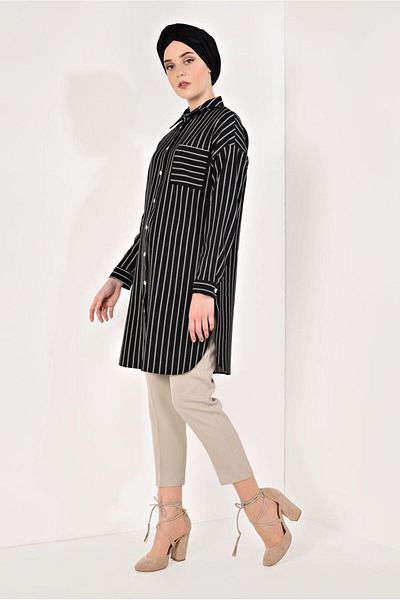 TRENDTESETTÜR Classic Neckline Striped Tunic - Buttoned t 3426