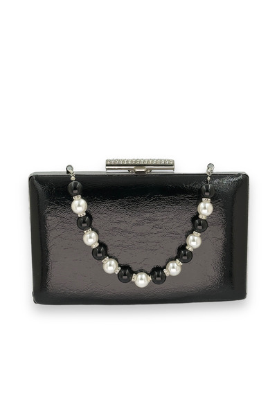 MidStore حقيبة سهرة من الجلد اللامع ذات مقبض لؤلؤي أسود اللون، حقيبة سهرة، حق...