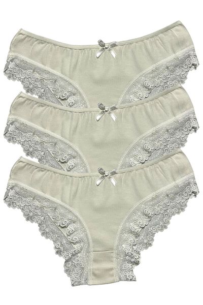 Gizli Butik 3-Piece Women's Lace Detailed Cotton Bikini Panties Ecru
