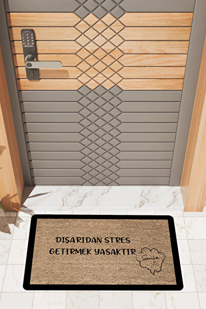 Rugmood Modern Dijtal Baskı Siyah Çerçeveli Stres Yasaktır Kapı Önü Paspası