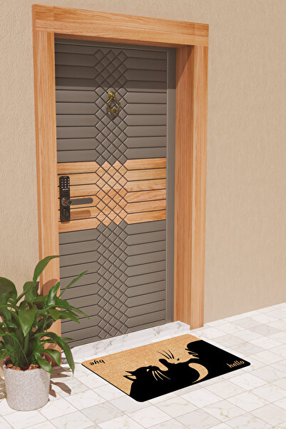 Rugmood Modern Dijtal Baskı Kedili Hello ve Bye Kapı Önü Paspası