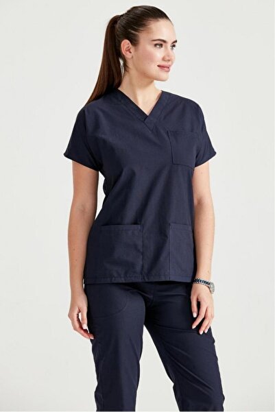 Mert Giyim Lacivert Likralı Medikal Doktor Hemşire Unisex Scrubs Yaka Forma T...