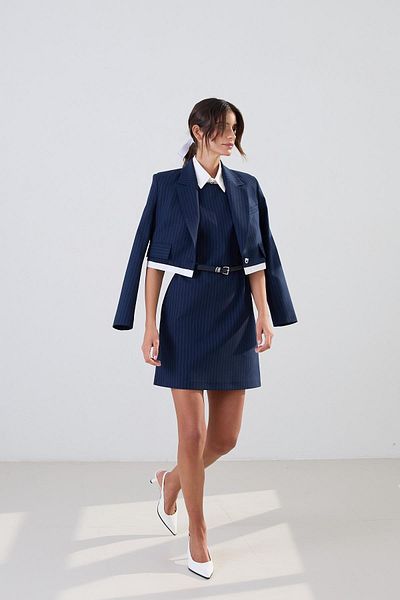 Setre Navy Blue Asymmetrical Closure Pocket and Waist Detailed Mini Long Sleeve Jacket