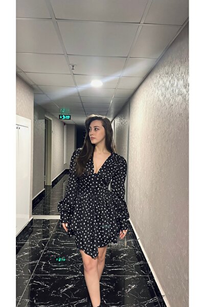 STİLPİX Kadın Siyah Çiçekli Göğüs Detay Drapeli Elbise