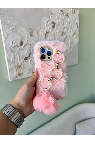 Casenras Ponponlu Peluş iPhone Telefon Kılıfı - Pembe - iPhone 13 Pro Max