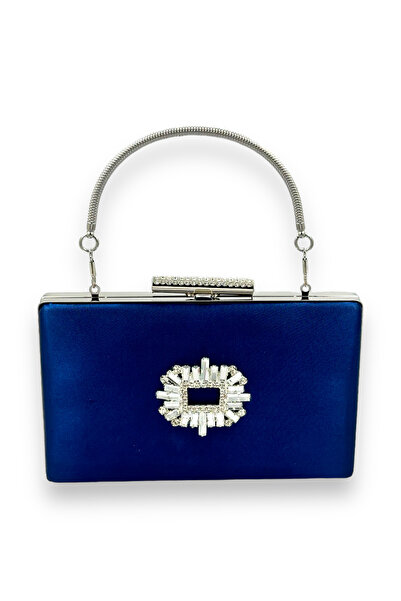 MidStore Navy Blue Color Satin Crystal Stone Evening Dress Bag Evening Bag He...