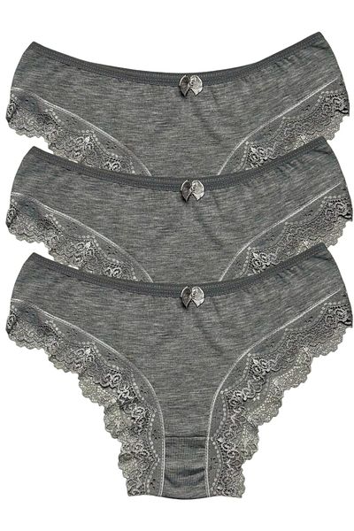 Gizli Butik 3-Piece Women's Lace Detailed Cotton Bikini Panties Gray