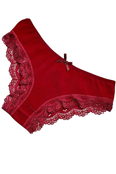 Gizli Butik 6'lı Kadın Dantel Detaylı Pamuklu Bikini Külot Kırmızı
