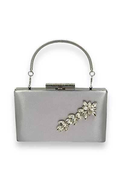 Wedding Fashion Gri argintiu Lame Color Satin Crystal Stone Geanta pentru roc...