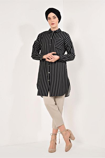 TRENDTESETTÜR Classic Neckline Striped Tunic - Buttoned t 3426