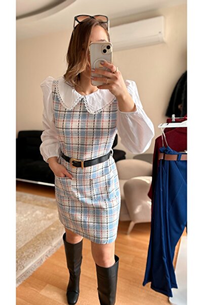 Fidan Kadın Ekoseli Gömlek Detaylı  Balon Kol Kemerli Elbise