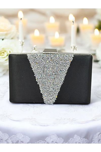 Wedding Fashion Negru Satin Argintiu Stone Geanta Rochie de Seara Clutch Geanta Promotie