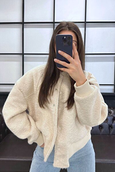 JaMolls kaşe yün görünümlü bol kesim çıtçıt kapama cep detay crop trend bomber pinterest muadil ceket mont