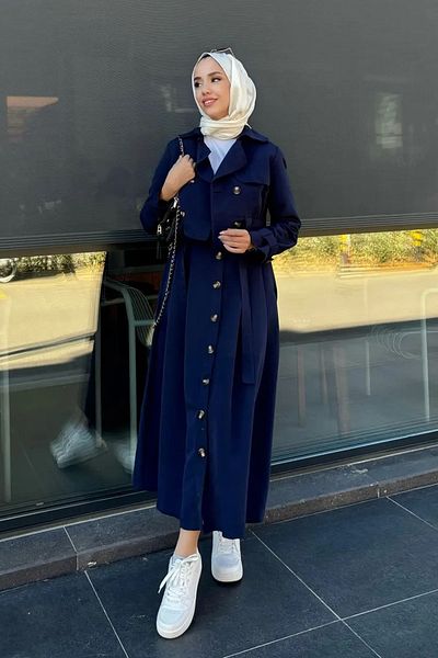 Tesettür Diyarı Women's Hijab Trench Skirt Set - Navy Blue