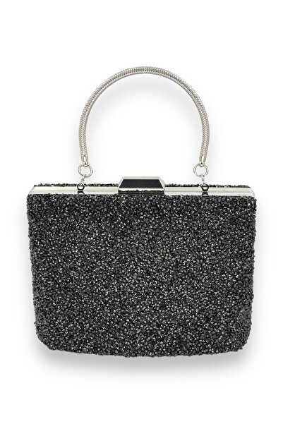 MSglame Geantă de seară elegantă neagră cu pietre, cu mâner metalic, de dimen...