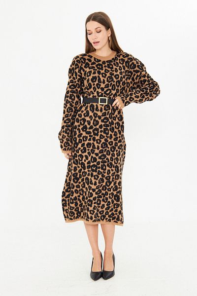 brako tekstil Rochie lungă de tricotaj cu curea maro pentru femei, cu fantă laterală, cu imprimeu leopard