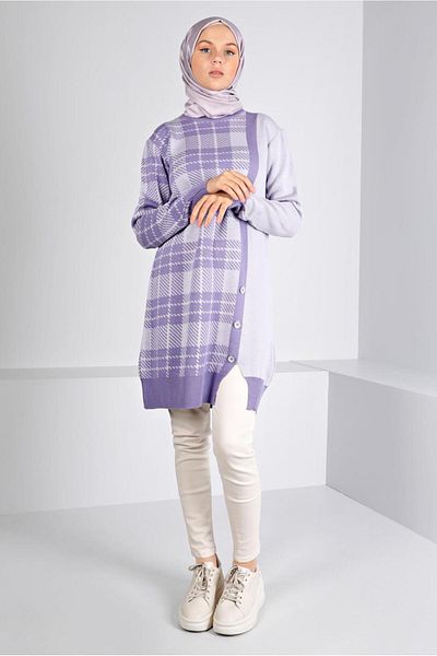 Alvina Knitwear Tunic 43175 - Plaid Patterned and Buttoned
