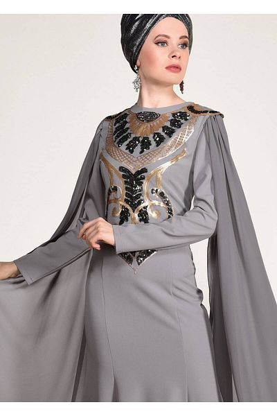 TRENDTESETTÜR Γυναικείο βραδινό φόρεμα με κεντημένο γκρι παγιέτες 88625