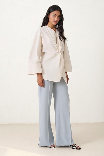 Setre Cream V-Neck Drawstring Detailed Cotton Shirt
