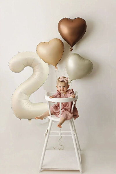 BALON DİYARI 2 Yaş Doğum Günü Için Retro Pastel Parti Seti - 3 Adet Retro Kalp Balon Ve Rakam Krem Folyo Balon
