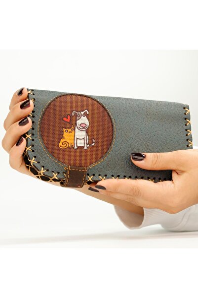 HOODİEMOUSE Kedi ve Köpek Figürlü Büyük Cüzdan Etnik Bohem Retro Vintage Style  - PETROL