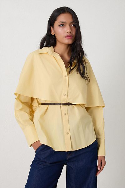 Setre Butter Yellow Belted Cape Detailed Cotton Shirt