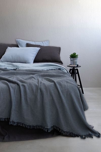 Barine Cuvertură de pat din muselină din bumbac Cocoon 4 straturi Albastru închis / Albastru deschis 240x260