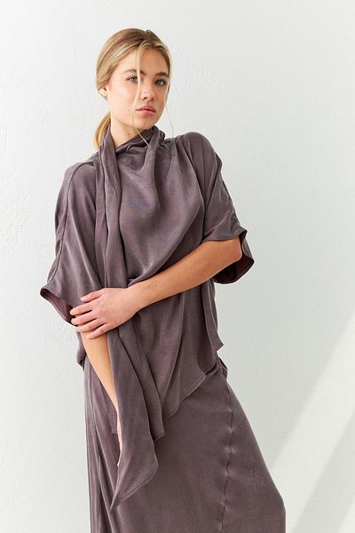 Setre Brown Half Sleeve Blouse with Asymmetric Shawl Detail - Comfortable Fit