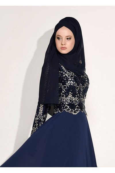 TRENDTESETTÜR Women's Navy Blue Embroidered Chiffon Evening Dress 8608