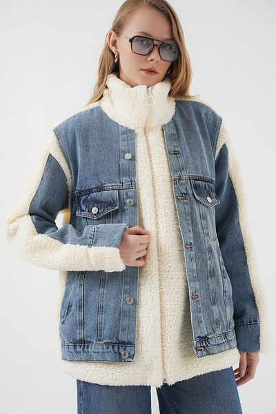 Bigdart Marineblauer langer Plüsch-Jeansmantel, Modell 5198