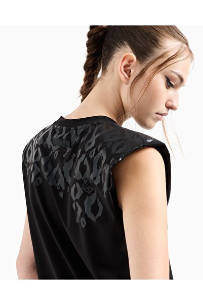 EA7 Round Neck Cotton Black Dress - Metalic Print Sleeveless Af10373-Uc001