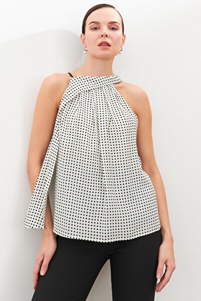 Setre Bluză cu bretele subțiri cu guler asimetric ecru-negru