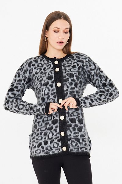 brako tekstil Cardigan de damă cu gât crew cu nasturi cu imprimeu leopard
