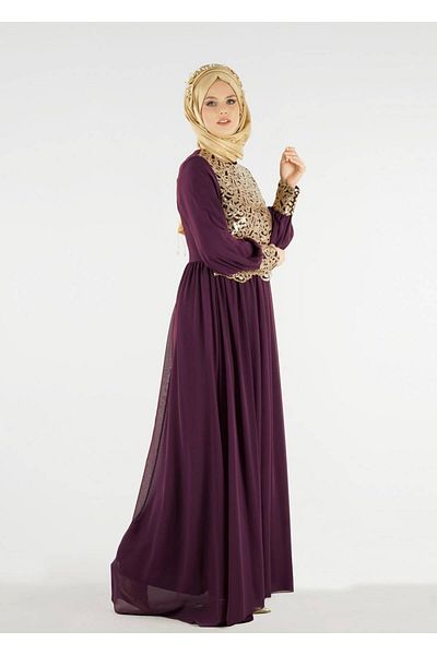 TRENDTESETTÜR Women's Plum T 48525 Fy Collection-flake Embroidered Evening Dress