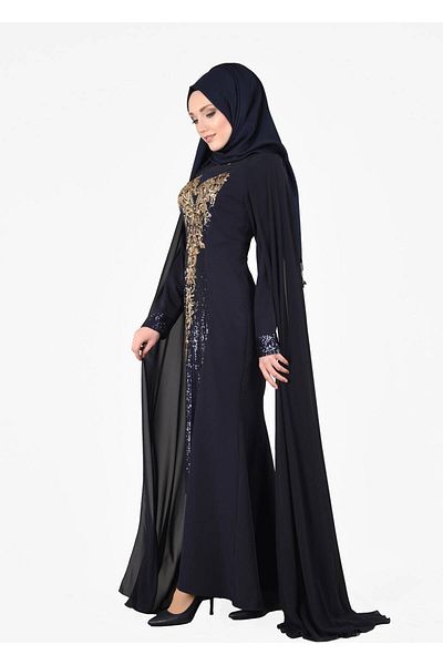TRENDTESETTÜR Women's Navy Blue T 37525 Fy Collection-sequin Detailed Evening Dress