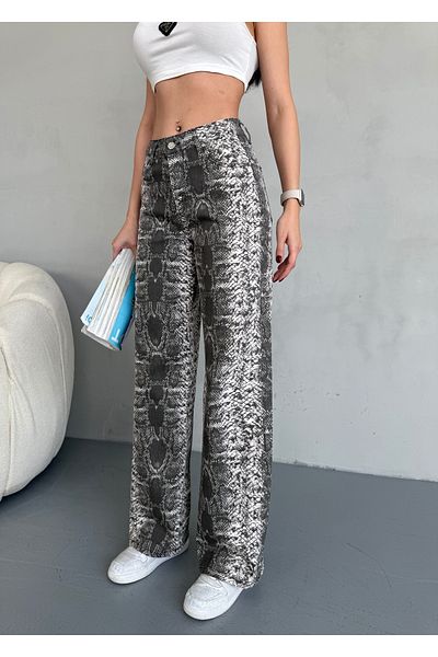 alanora Women Snake Pattern High Waist Lycra Wide Leg Pants