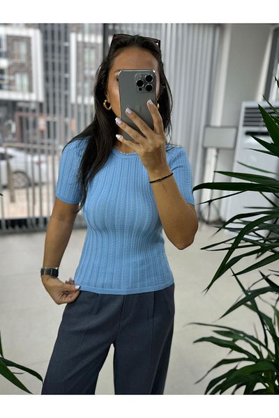 caddstore Bluză din tricot turcoaz cu mânecă scurtă marca Orj