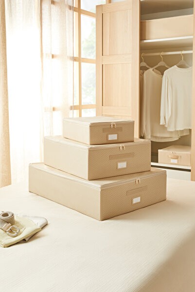 Ocean Home Textile 3'lü Bej Balıksırtı Baza Altı Valiz Düzenleyici Destekli K...