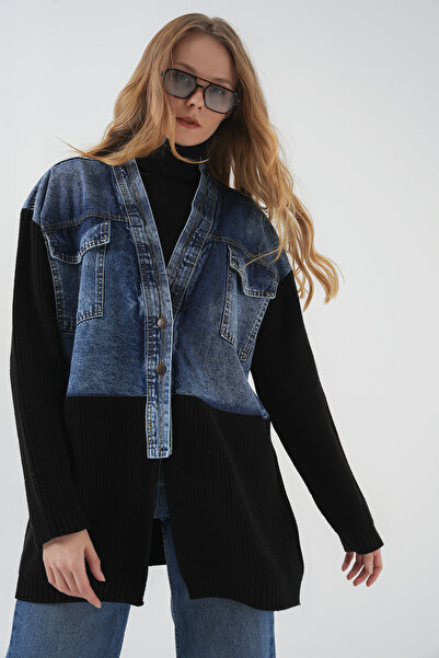 Bigdart 15919 Long Knitwear Denim Jacket - Black