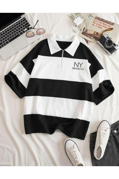 MARECASH Erkek Yeşil-Beyaz NY Baskılı Çizgili Parçalı Fermuarlı Polo Yaka Ove...