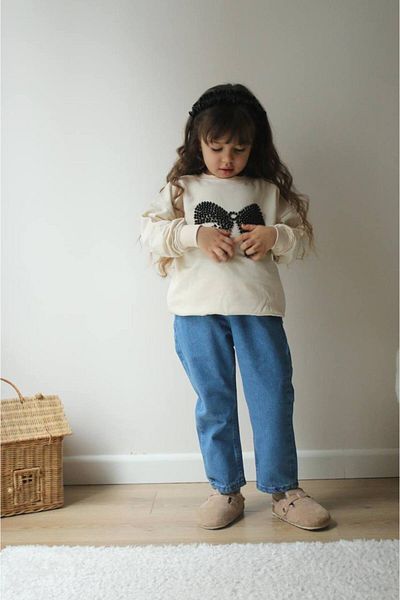 Ribbon kids Girls Beige Blouse Flower Pattern Jeans Pants Set