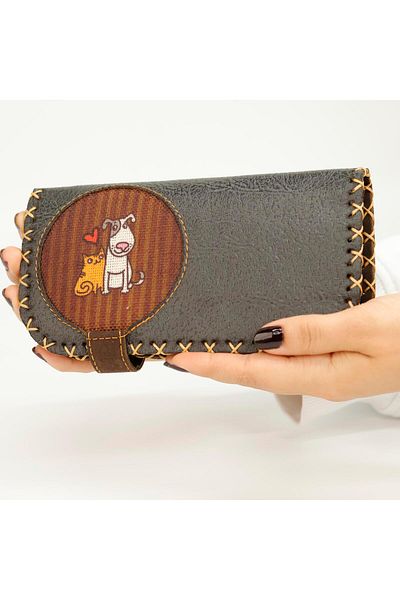 HOODİEMOUSE Large Wallet with Cat and Dog Figures Ethnic Bohemian Retro Vintage Style - Anthracite