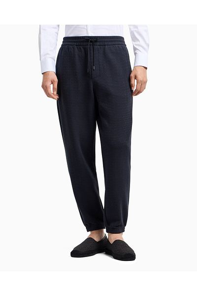 Emporio Armani بنطال رياضي رجالي من قماش الجاكار ذو قصة عادية وخصر مطاطي باللون الأزرق الداكن EM 001106   AF13700-UB118