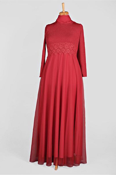 TRENDTESETTÜR Red Guipure Detailed Women's Evening Dress - 84083