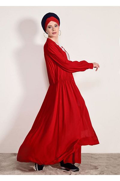 TRENDTESETTÜR Women's Red Button Detailed Long Tunic 54032