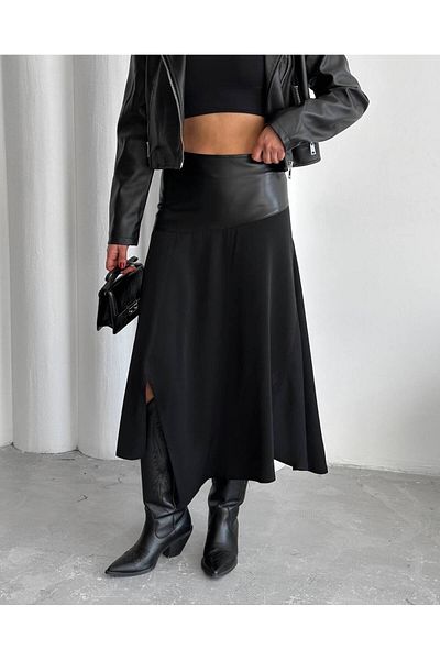 Luq High Waist Leather Detail Garnished Slit Skirt