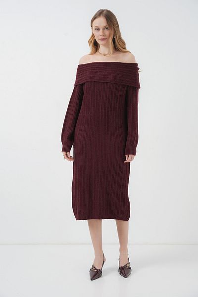 Bigdart 15920 Madonna Collar Oversize Pletené šaty - Claret Red