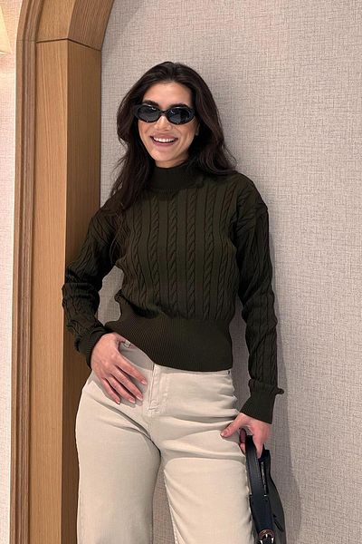 Madmext Khaki Half Turtleneck Braided Knitwear Women's Sweater Mg2257