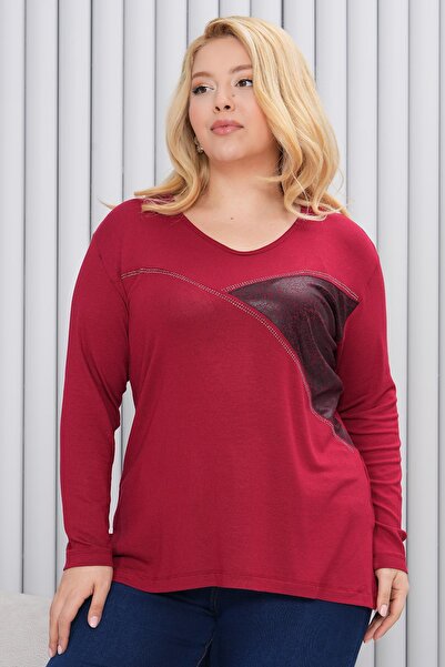 Siyezen Plus Size Leather Stone Printed Luxury Blouse