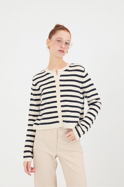 Addax Crew Neck Striped Buttoned Knitwear Cardigan H3404-B7
